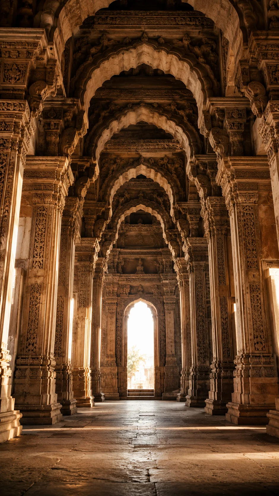 A carved stone hall receding into light