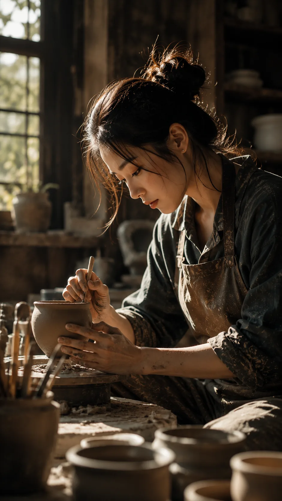 A potter shaping clay by hand in warm light